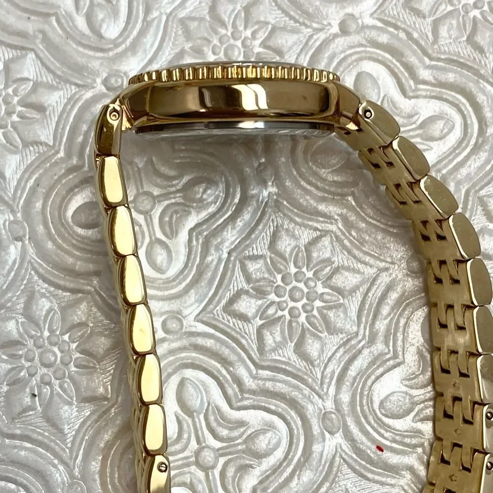 DMQ Diamonique CZ Bezel Mother of Pearl Dial Gold-Tone Dress Watch